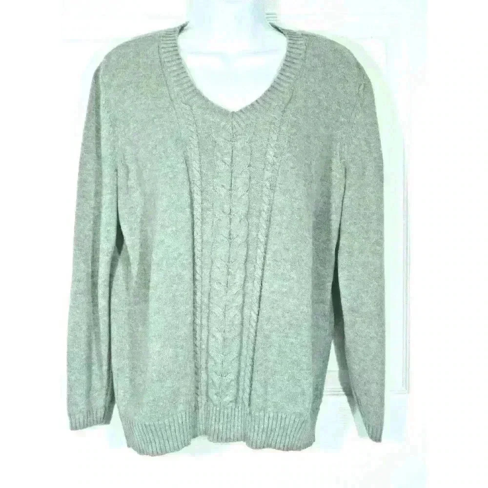 Lane Bryant sweater 14-16W cable knit cotton v-neck long sleeve gray